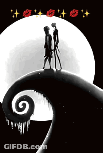 A Nightmare Before Christmas Poster Of Jack And Sally Kissing GIF