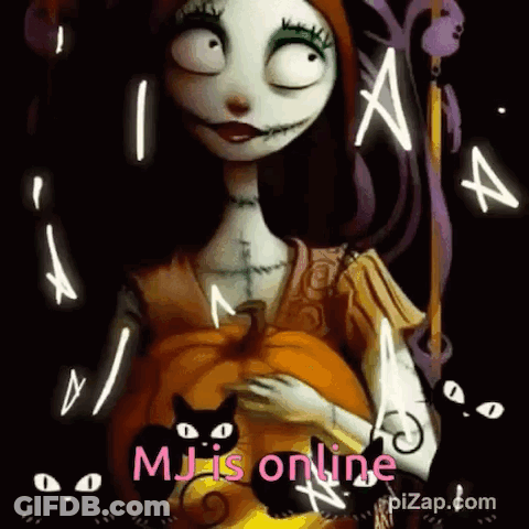 A Nightmare Before Christmas Sally Is Holding A Pumpkin And A Black Cat . GIF