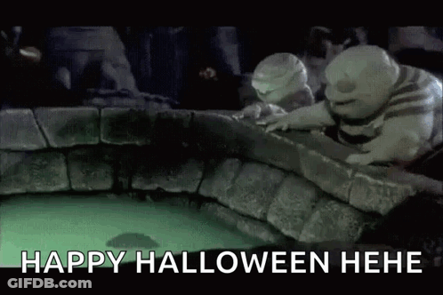 A Nightmare Before Christmas Scene With Two Mummys And The Words `` Happy Halloween Hele '' GIF