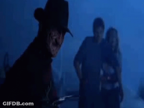 A Nightmare On Elm Street Poster With Freddy Krueger In The Background GIF