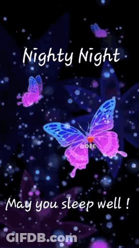 A Nighty Night May You Sleep Well With Purple Butterflies On A Black Background . GIF