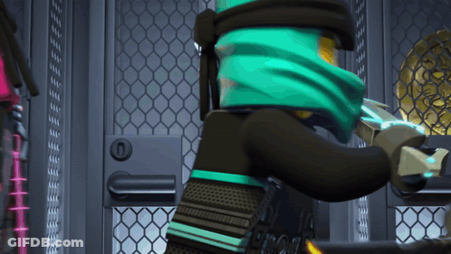 A Ninjago Character With A Green Scarf Around His Neck GIF