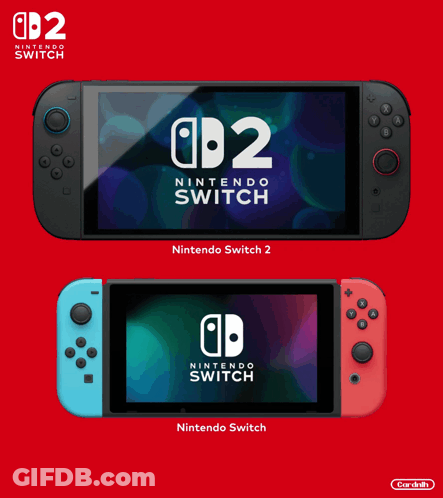 A Nintendo Switch 2 And A Nintendo Switch On A Red Background GIF