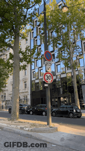 A No Parking Sign And A 30 Sign On A Pole GIF