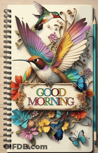 A Notebook With A Hummingbird On It And The Words " Good Morning " GIF