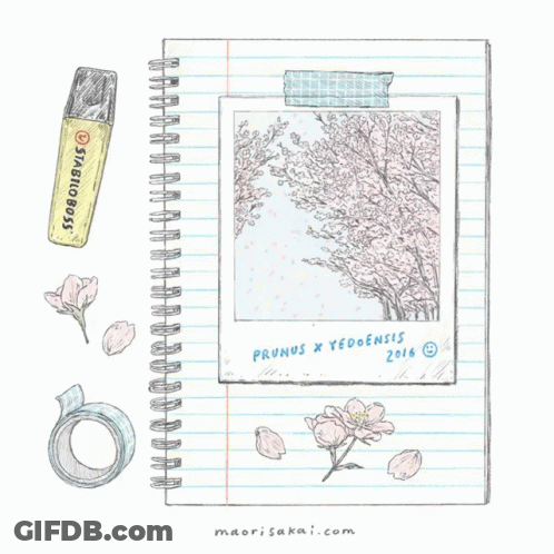 A Notebook With A Picture Of A Cherry Blossom Tree And The Year 2016 GIF
