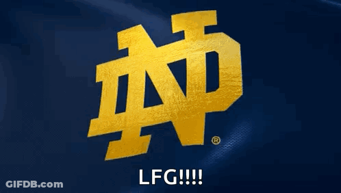 A Notre Dame Logo On A Blue Background With Lfg Written Below It GIF