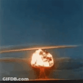 A Nuclear Explosion Is Shown In A Painting With A Blue Sky In The Background GIF
