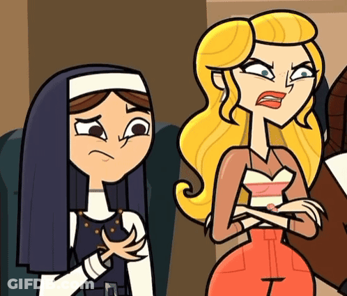 A Nun And A Blonde Woman Are Standing Next To Each Other With Their Arms Crossed GIF