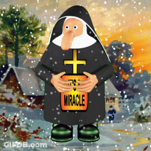 A Nun Holding A Sign That Says Miracle On It GIF