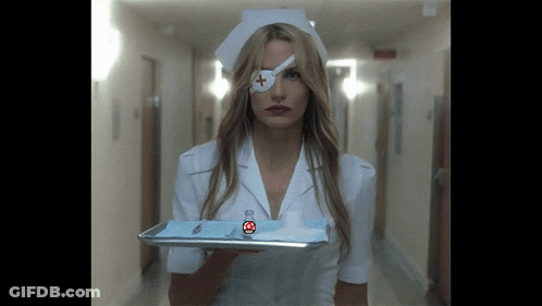 A Nurse With A Bandage On Her Eye Holds A Tray Of Supplies GIF
