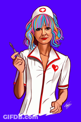 A Nurse With Colorful Hair Is Holding A Scalpel And A Cigarette With The Letters Twls On The Bottom GIF