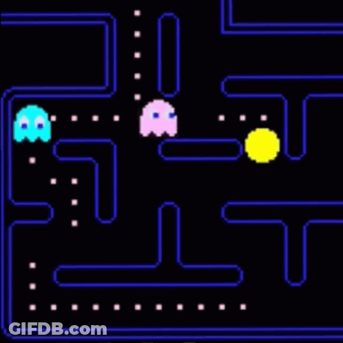 A Pac Man Game With Ghosts And A Ball GIF