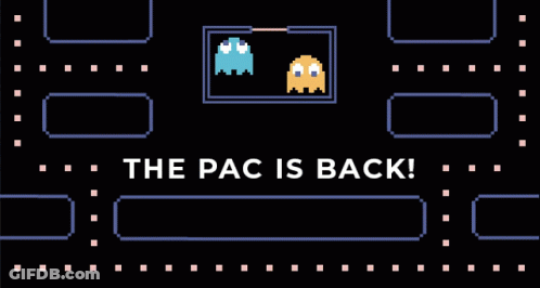 A Pac Man Game With The Words " The Pac Is Back " GIF