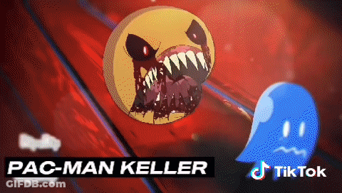 A Pac-Man Keller Advertisement With A Blue Ghost In The Background GIF