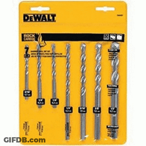 A Pack Of Dewalt Rock Drill Bits On A Yellow Background . GIF