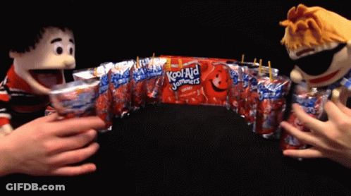A Pack Of Kool Aid Sammies Is Being Held By Two Puppet Boys GIF