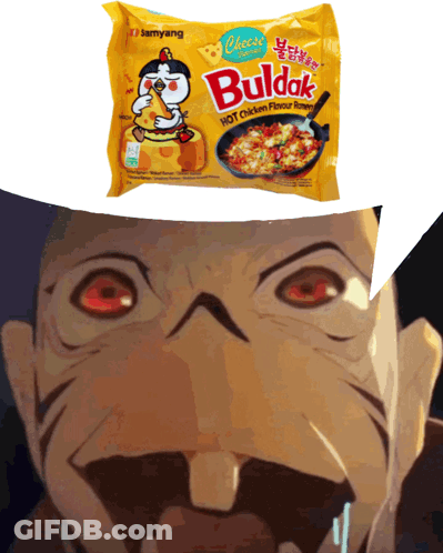 A Package Of Buldak Hot Chicken Flavor Ramen Next To A Cartoon Face GIF