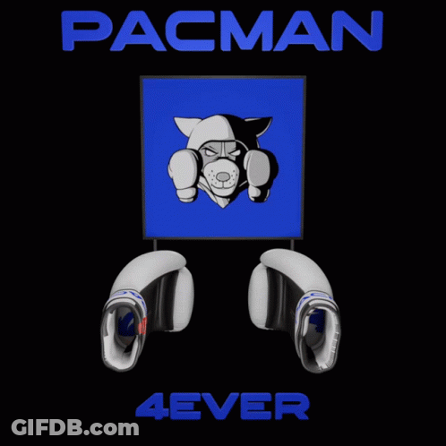 A Pacman 4Ever Poster With Boxing Gloves Holding A Picture GIF