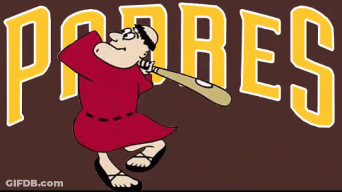 A Padres Logo With A Cartoon Character Holding A Baseball Bat GIF