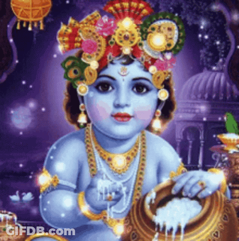 A Painting Of A Baby Krishna Holding A Pot Of Food GIF