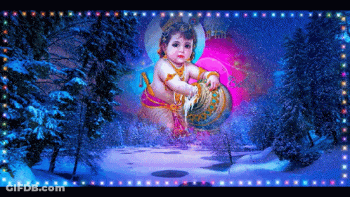 A Painting Of A Baby Krishna In A Snowy Forest With Trees In The Background GIF