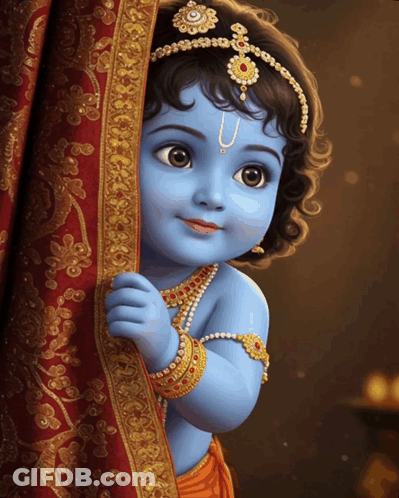 A Painting Of A Baby Krishna Peeking Out From Behind A Red And Gold Curtain GIF