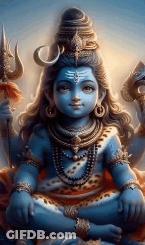 A Painting Of A Baby Shiva With A Trident And A Crown On His Head GIF