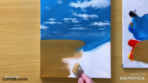 A Painting Of A Beach Is Being Painted On A Canvas By Joony Art GIF