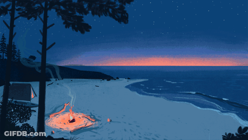 A Painting Of A Beach With A Campfire And A Tent GIF