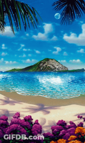 A Painting Of A Beach With A Small Island In The Distance GIF