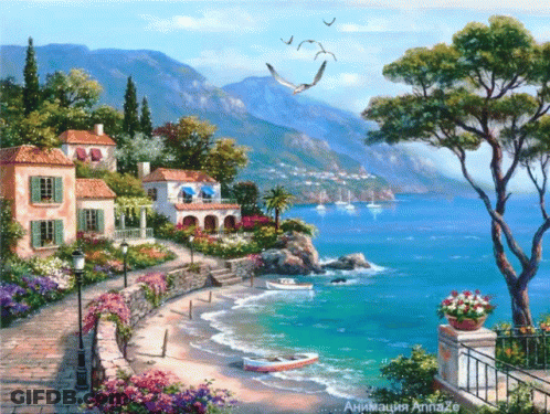 A Painting Of A Beach With Boats In The Water And Mountains In The Background Has The Word Animation On The Bottom Right GIF