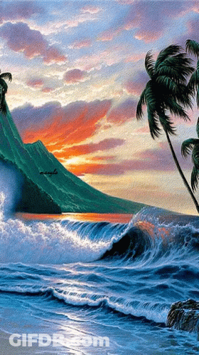 A Painting Of A Beach With Palm Trees And A Sunset GIF