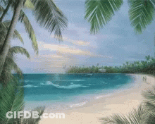 A Painting Of A Beach With Palm Trees And The Ocean GIF
