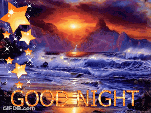 A Painting Of A Beach With The Words " Good Night " On It GIF