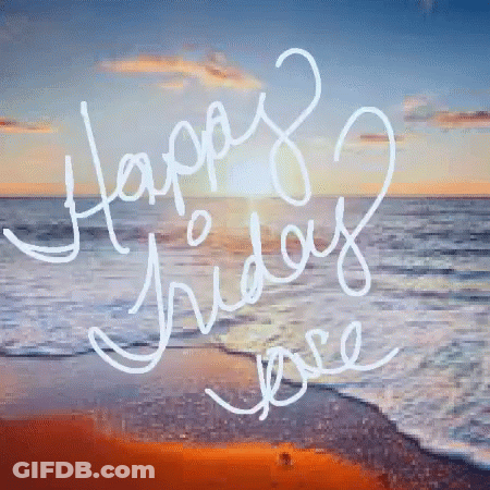 A Painting Of A Beach With The Words Happy Friday Jose Written On It GIF
