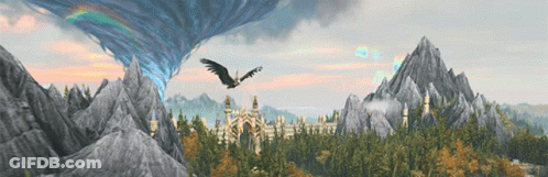A Painting Of A Bird Flying Over A Castle In The Mountains GIF