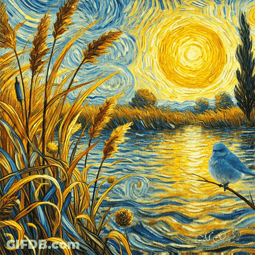 A Painting Of A Bird Sitting On A Branch Near A Lake GIF
