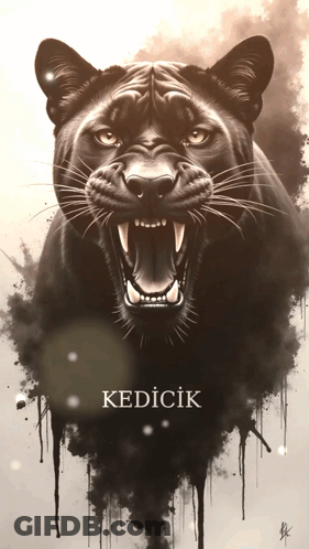 A Painting Of A Black Panther With The Word Kedicik Underneath It GIF