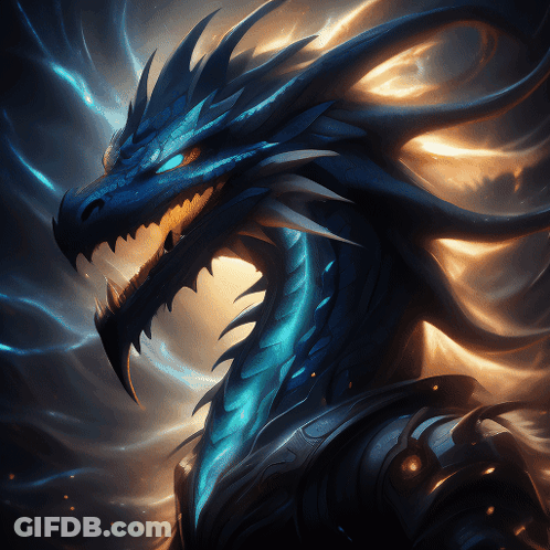 A Painting Of A Blue Dragon With A Glowing Blue Eye GIF