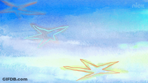 A Painting Of A Blue Sky With A Nick Logo On The Bottom Right GIF