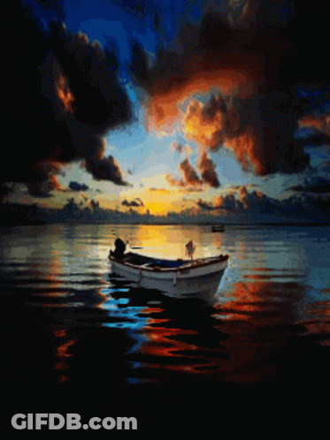 A Painting Of A Boat In A Body Of Water With A Sunset In The Background GIF