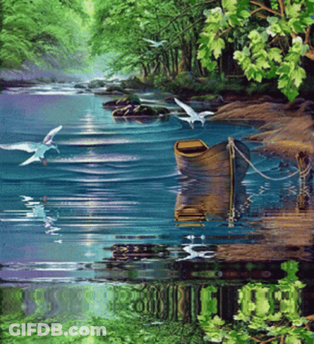 A Painting Of A Boat In A River With Seagulls Flying Over It GIF
