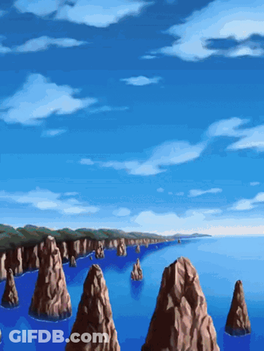 A Painting Of A Body Of Water With Rocks In The Water GIF