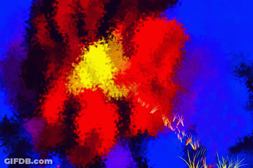 A Painting Of A Boy And A Girl Looking At A Firework Display GIF