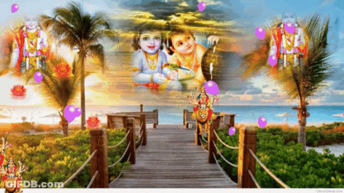 A Painting Of A Bridge Leading To A Beach With Balloons Flying Around GIF