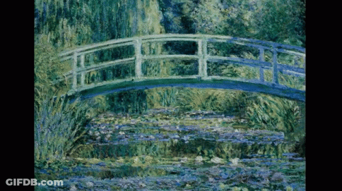A Painting Of A Bridge Over A Pond GIF