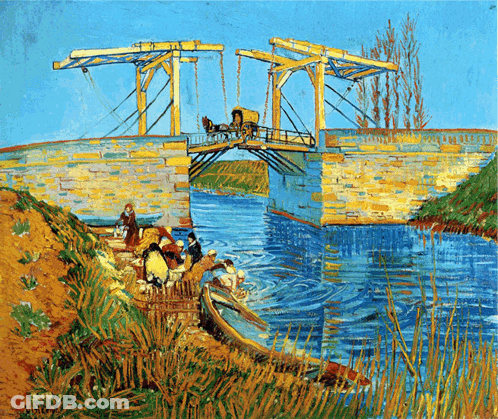 A Painting Of A Bridge Over A River With A Horse Drawn Carriage GIF