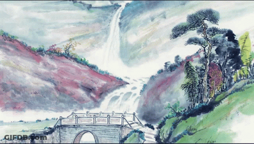 A Painting Of A Bridge Over A River With A Waterfall Behind It GIF
