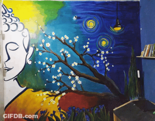 A Painting Of A Buddha And A Tree With Flowers On It GIF